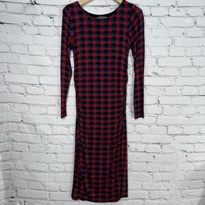 J. Peterman Printed Secret Keeper Dress Size M‎ Midi Houndstooth Ruched Lined
